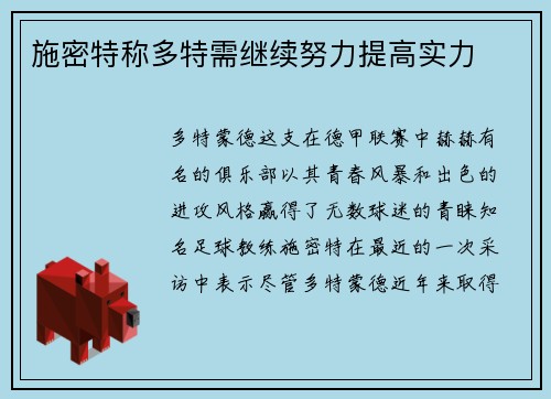 施密特称多特需继续努力提高实力