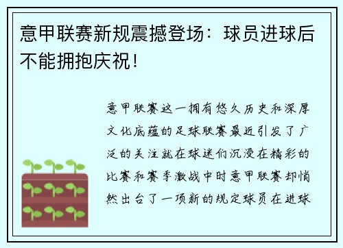 意甲联赛新规震撼登场：球员进球后不能拥抱庆祝！