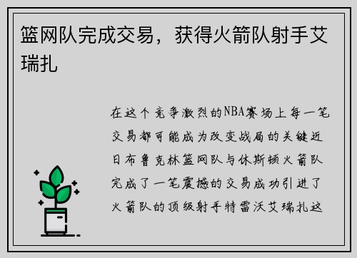 篮网队完成交易，获得火箭队射手艾瑞扎