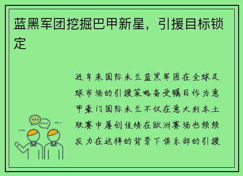 蓝黑军团挖掘巴甲新星，引援目标锁定